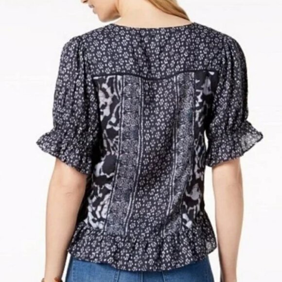 Lucky Brand | Floral Puff Sleeve Blue Short Sleeve Women's Blouse, Size Med - Picture 2 of 6